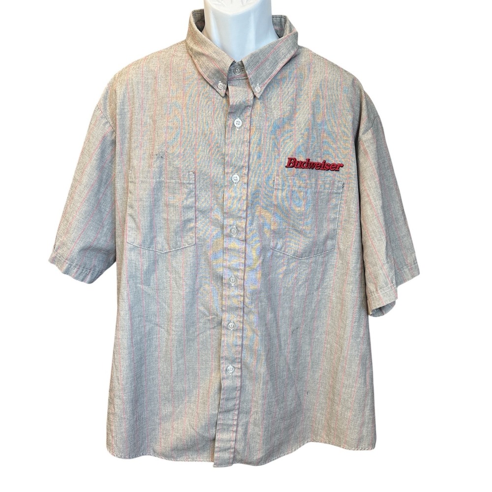 Vintage Budweiser Gray Short Sleeve Button Up Work Shirt, 3XL, 19-19.5", Flaws